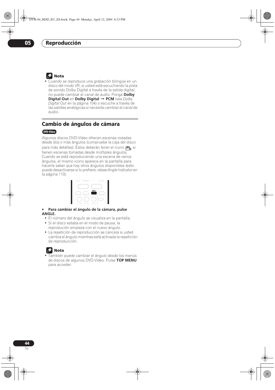 Cambio de ángulos de cámara, Reproducción 05 | Pioneer DVR-520H-S User Manual | Page 44 / 127