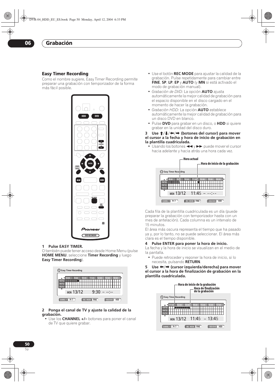 Grabación 06, Easy timer recording | Pioneer DVR-520H-S User Manual | Page 50 / 127