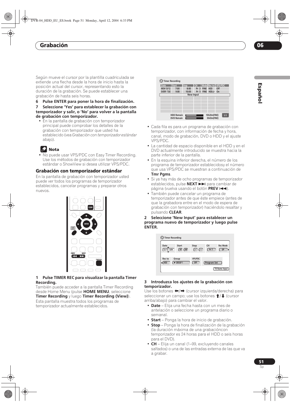 Grabación 06, Español, Grabación con temporizador estándar | Pioneer DVR-520H-S User Manual | Page 51 / 127