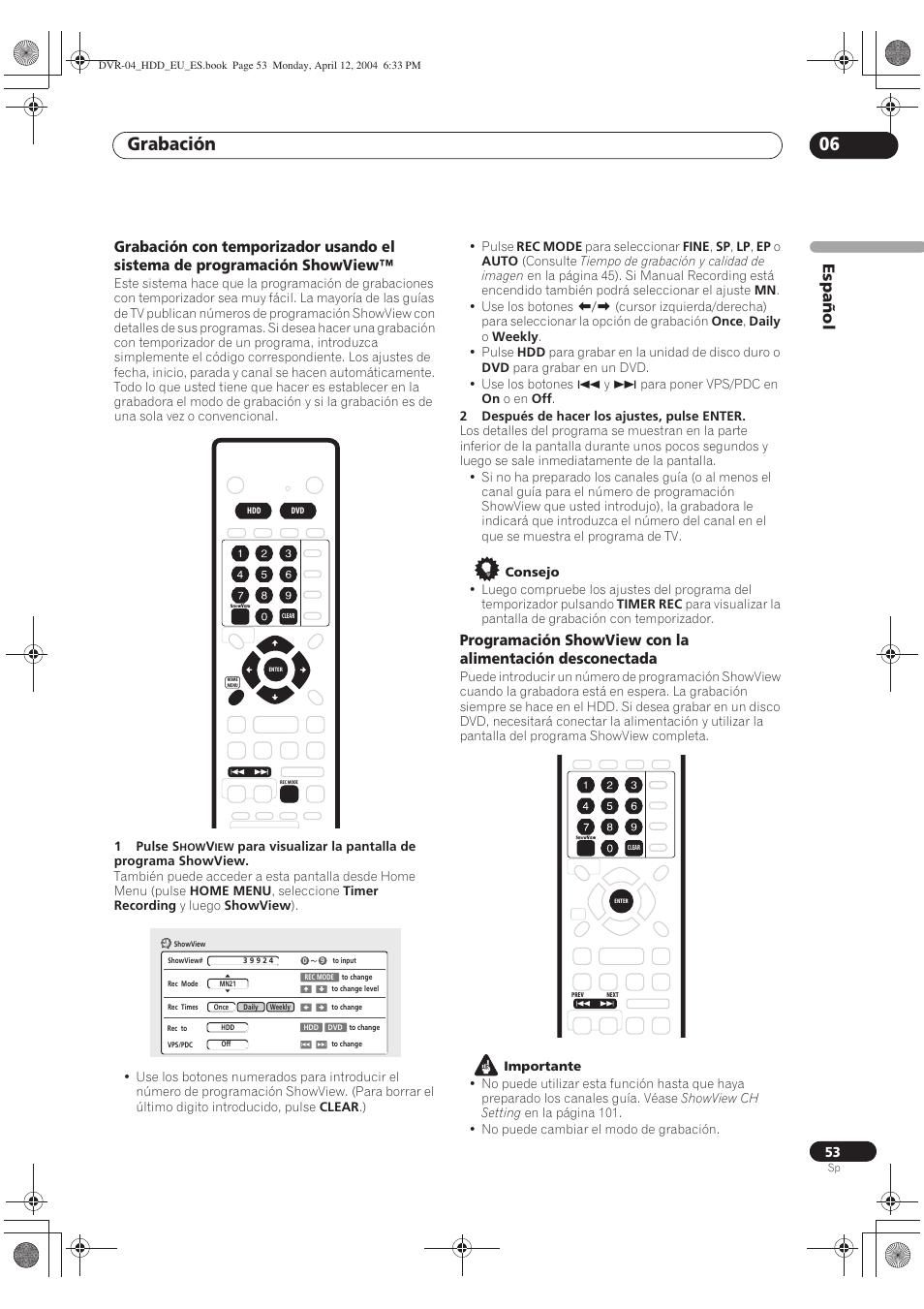 Grabación 06, Español | Pioneer DVR-520H-S User Manual | Page 53 / 127