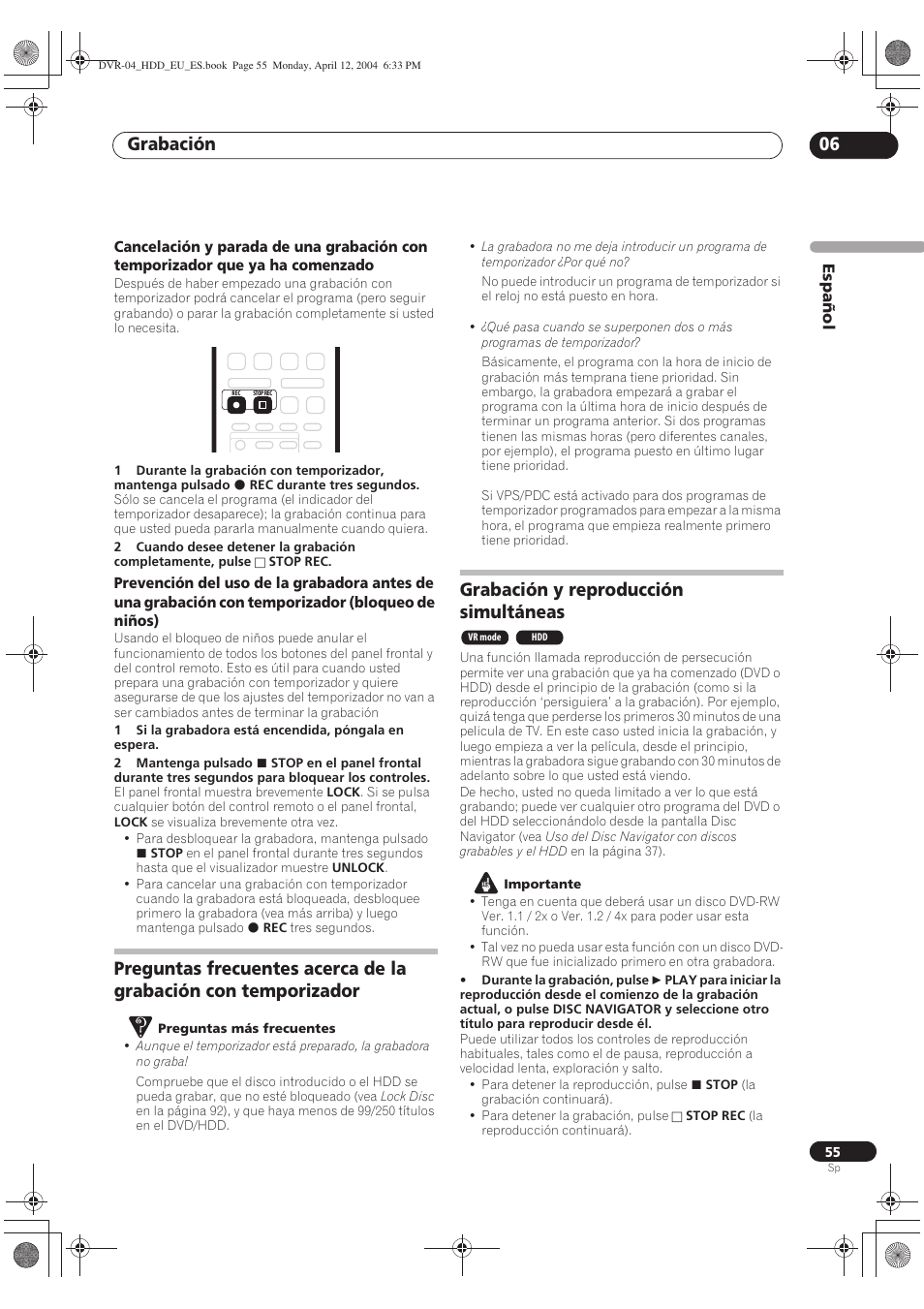 Grabación y reproducción simultáneas, Grabación 06 | Pioneer DVR-520H-S User Manual | Page 55 / 127