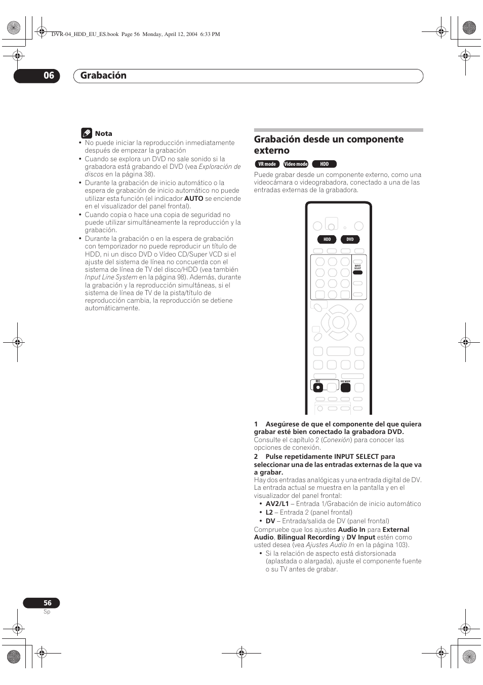 Grabación desde un componente externo, Grabación 06 | Pioneer DVR-520H-S User Manual | Page 56 / 127