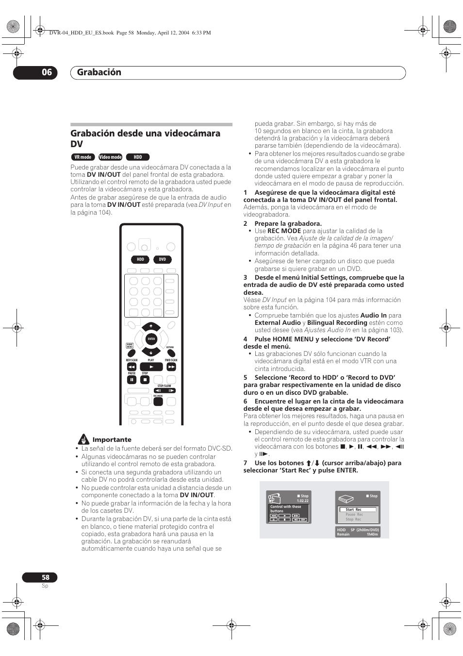 Grabación desde una videocámara dv, Grabación 06 | Pioneer DVR-520H-S User Manual | Page 58 / 127