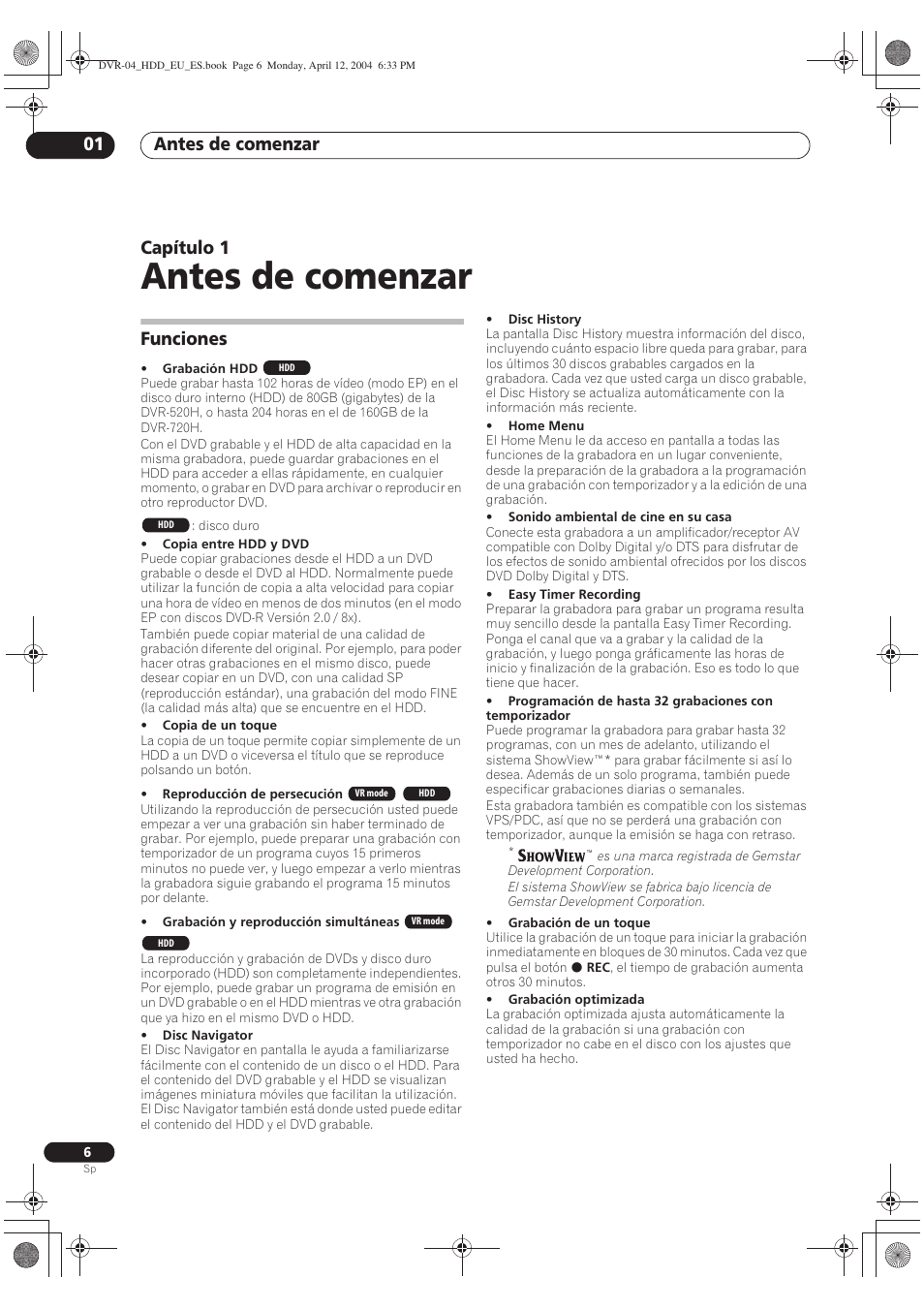 01 antes de comenzar, Funciones, Antes de comenzar | Antes de comenzar 01, Capítulo 1 | Pioneer DVR-520H-S User Manual | Page 6 / 127