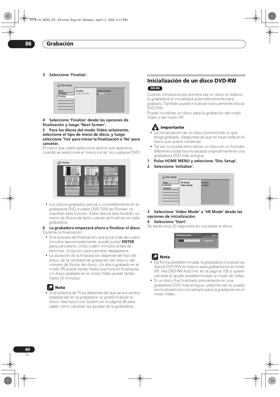 Inicialización de un disco dvd-rw, Grabación 06 | Pioneer DVR-520H-S User Manual | Page 60 / 127