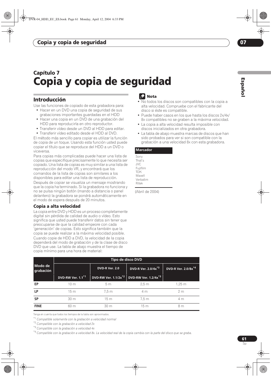 07 copia y copia de seguridad, Introducción, Copia y copia de seguridad | Copia y copia de seguridad 07, Capítulo 7, Español | Pioneer DVR-520H-S User Manual | Page 61 / 127