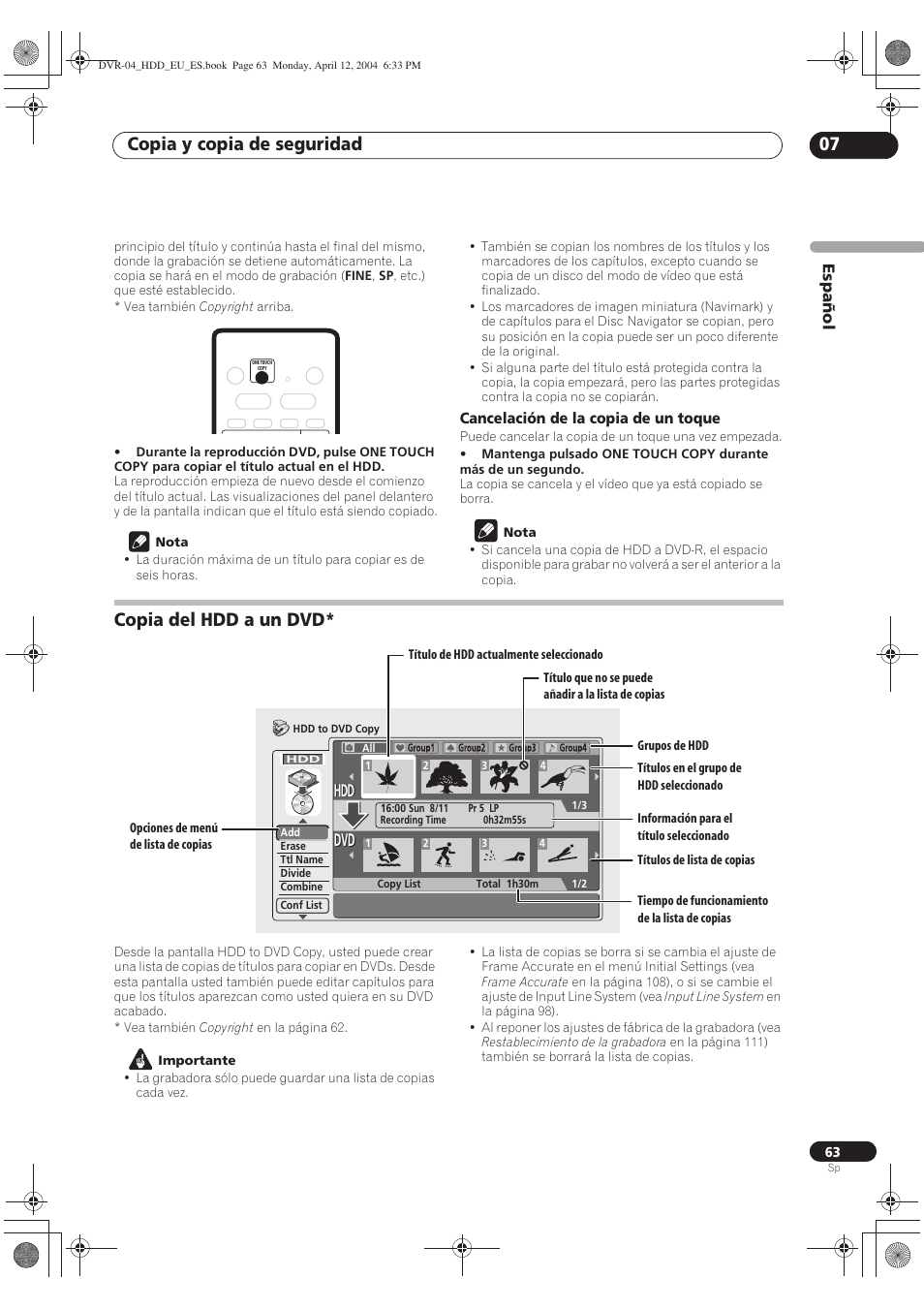Copia del hdd a un dvd, Copia y copia de seguridad 07, Dvd hdd hdd | Pioneer DVR-520H-S User Manual | Page 63 / 127