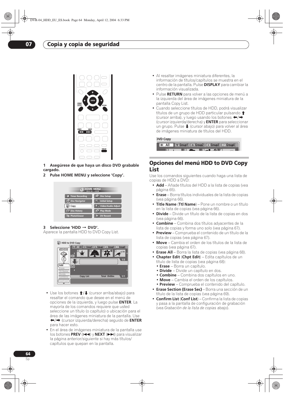 Opciones del menú hdd to dvd copy list, Copia y copia de seguridad 07 | Pioneer DVR-520H-S User Manual | Page 64 / 127