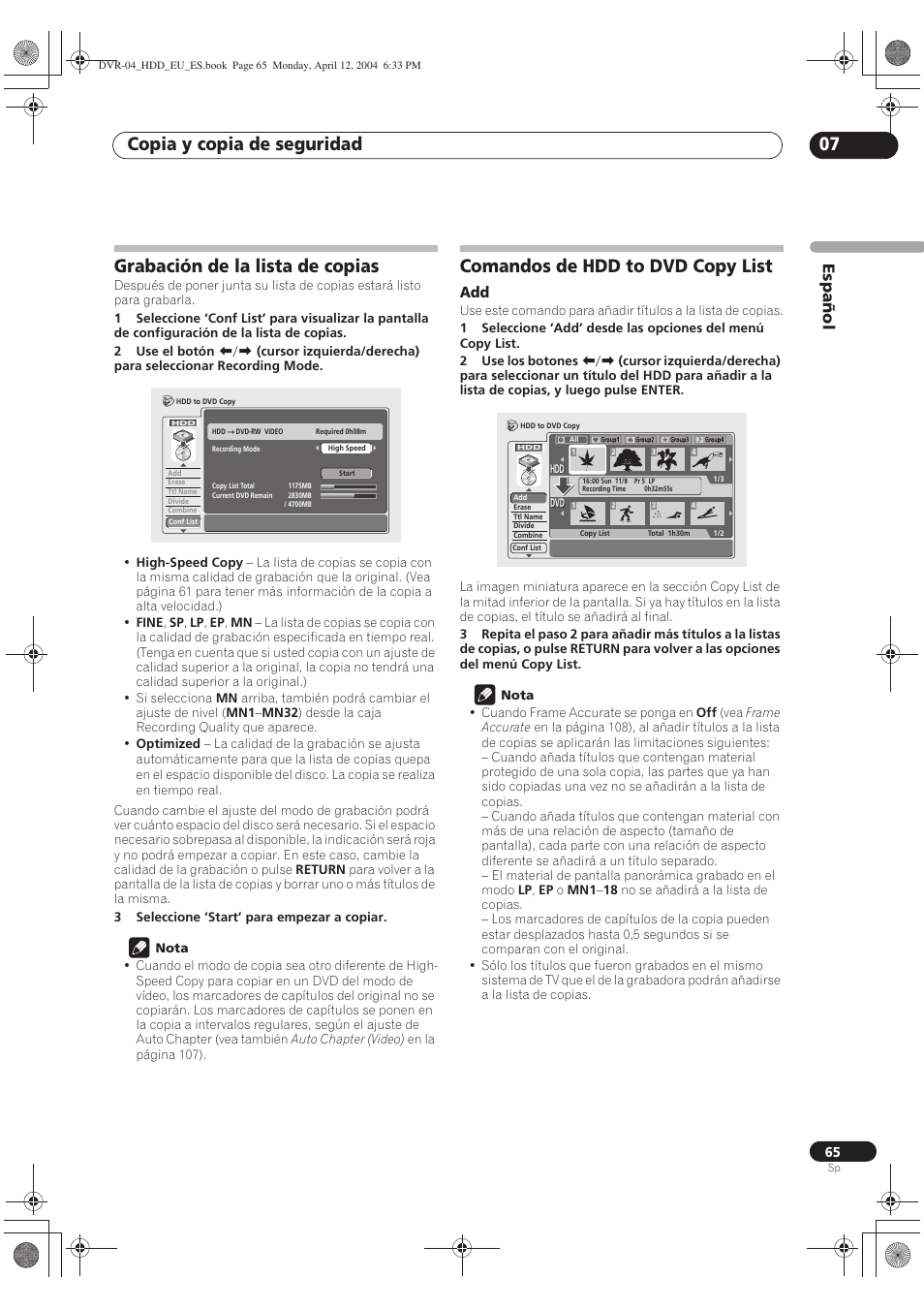 Grabación de la lista de copias, Comandos de hdd to dvd copy list, Copia y copia de seguridad 07 | Español | Pioneer DVR-520H-S User Manual | Page 65 / 127