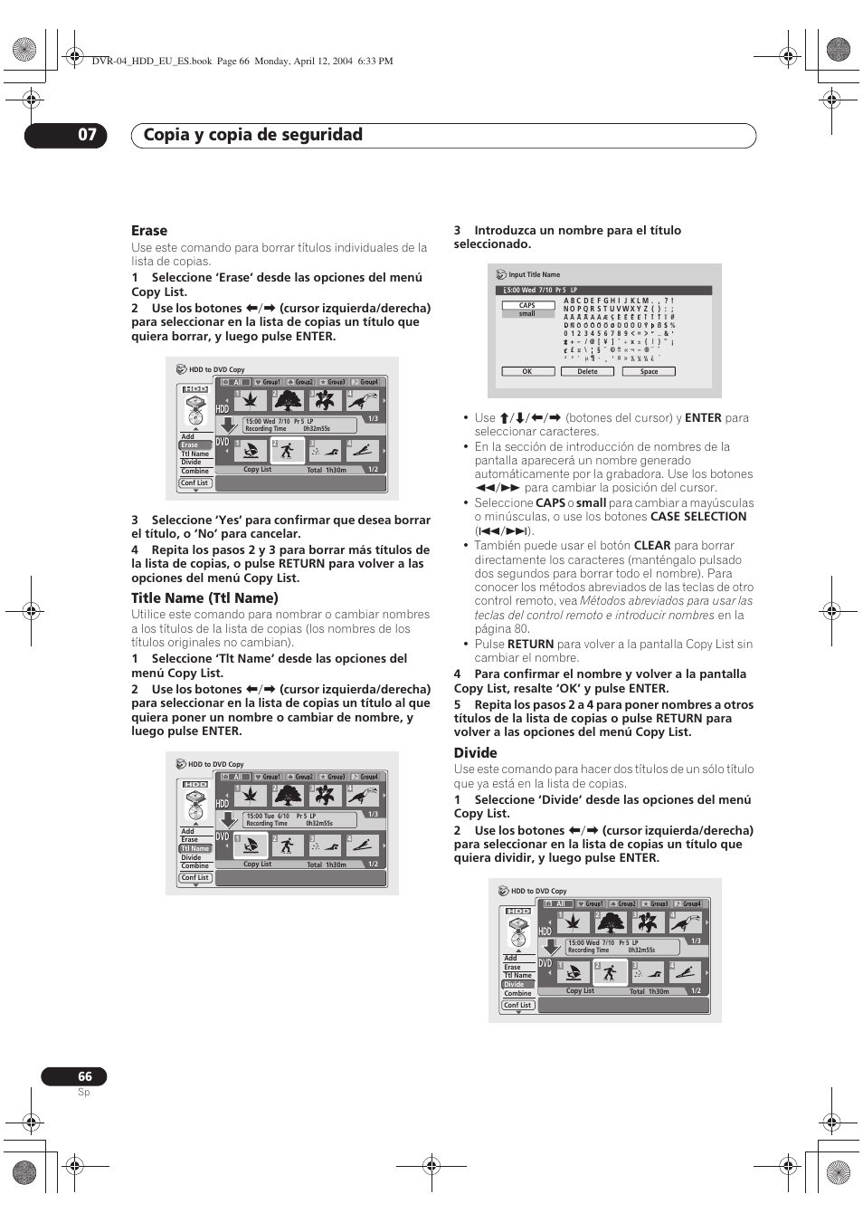 Copia y copia de seguridad 07, Erase, Title name (ttl name) | Divide | Pioneer DVR-520H-S User Manual | Page 66 / 127