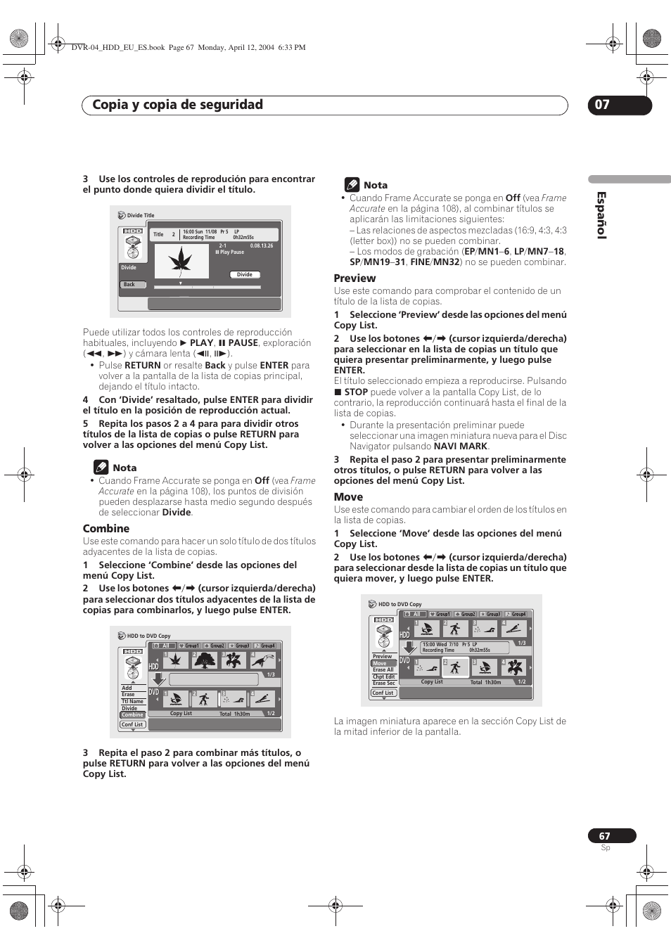 Copia y copia de seguridad 07, Español, Combine | Preview, Move | Pioneer DVR-520H-S User Manual | Page 67 / 127