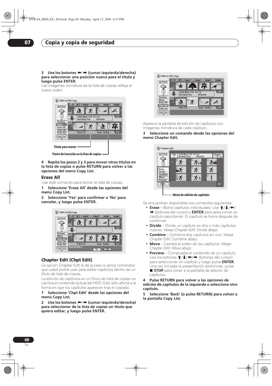 Copia y copia de seguridad 07, Erase all, Chapter edit (chpt edit) | Pioneer DVR-520H-S User Manual | Page 68 / 127