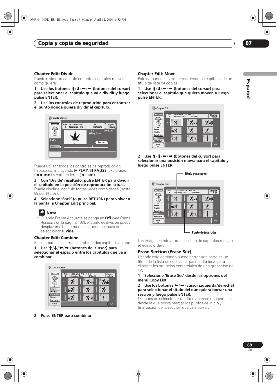 Copia y copia de seguridad 07, Español, Chapter edit: divide | Chapter edit: combine, Chapter edit: move | Pioneer DVR-520H-S User Manual | Page 69 / 127