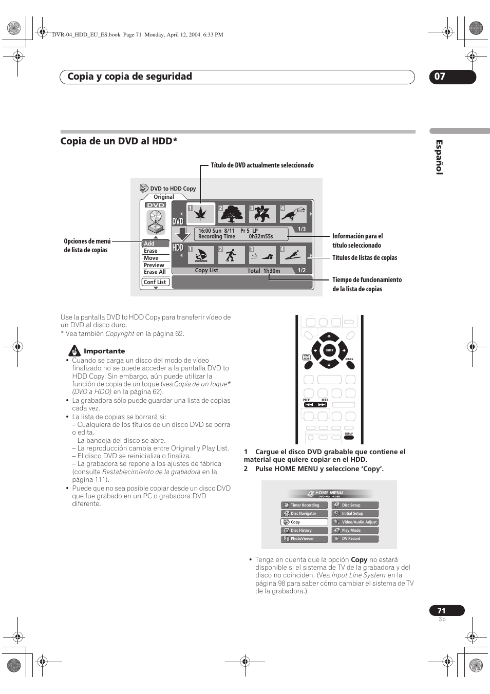 Copia de un dvd al hdd, Copia y copia de seguridad 07, Dvd hdd hdd | Español | Pioneer DVR-520H-S User Manual | Page 71 / 127