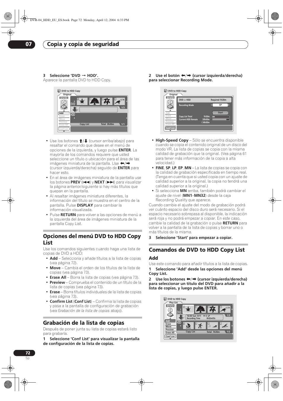 Opciones del menú dvd to hdd copy list, Grabación de la lista de copias, Comandos de dvd to hdd copy list | Copia y copia de seguridad 07 | Pioneer DVR-520H-S User Manual | Page 72 / 127