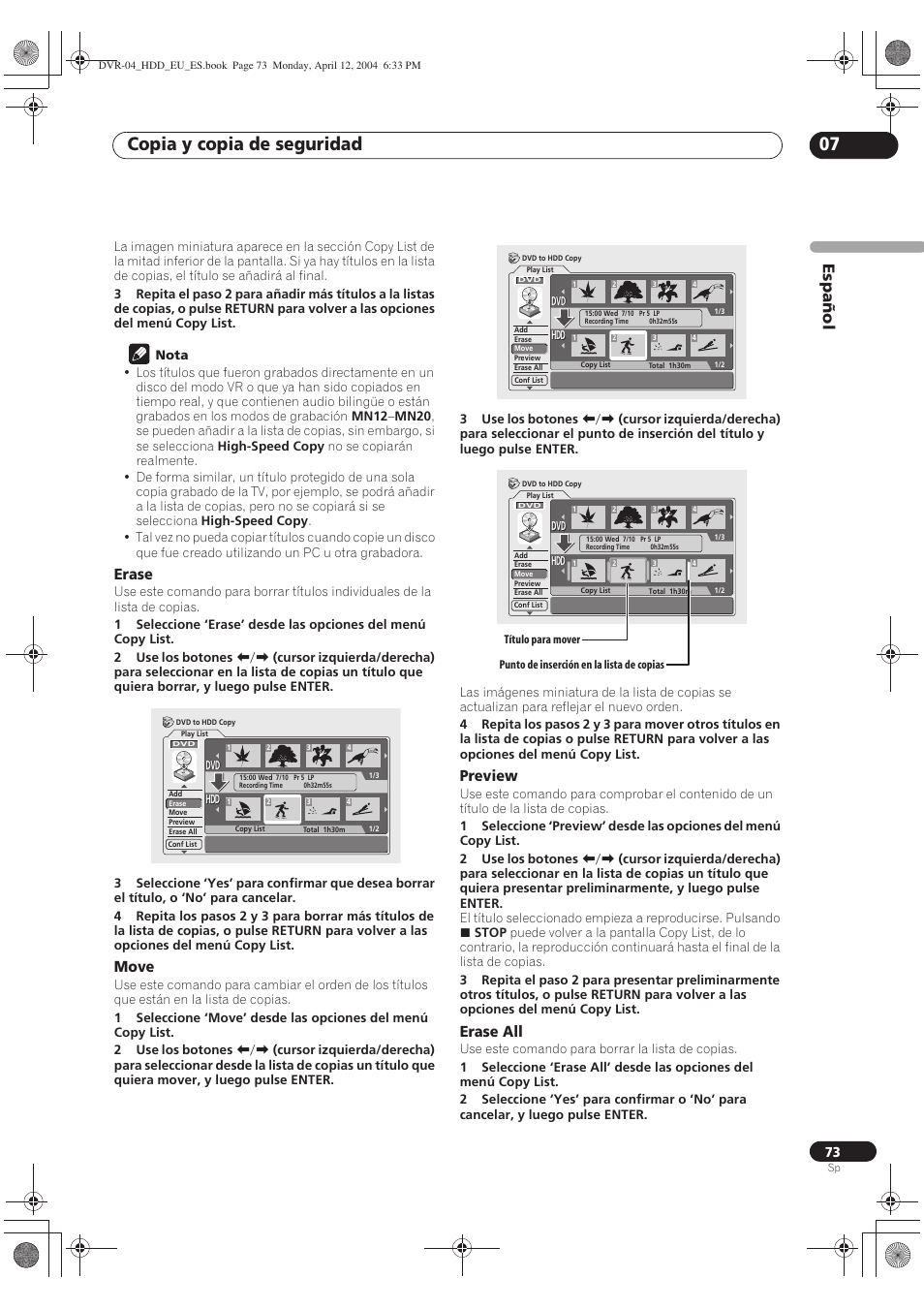 Copia y copia de seguridad 07, Español, Erase | Move, Preview, Erase all | Pioneer DVR-520H-S User Manual | Page 73 / 127