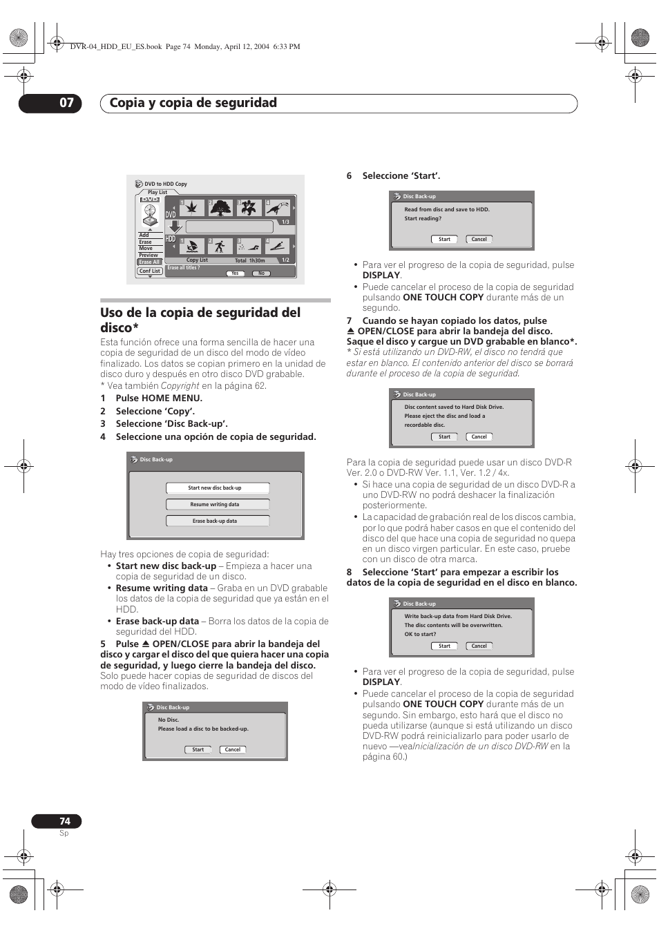 Uso de la copia de seguridad del disco, Copia y copia de seguridad 07 | Pioneer DVR-520H-S User Manual | Page 74 / 127