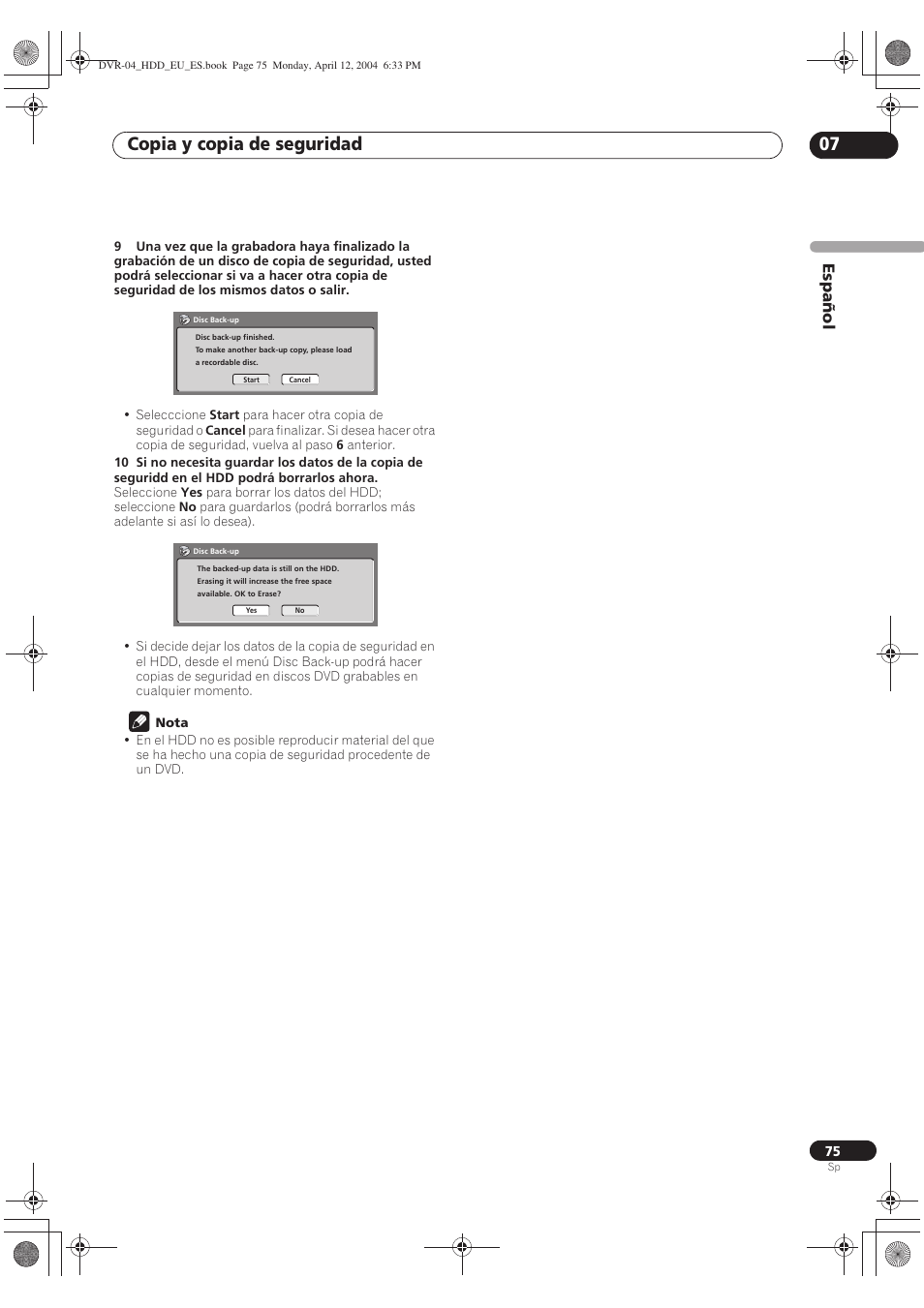 Copia y copia de seguridad 07, Español | Pioneer DVR-520H-S User Manual | Page 75 / 127