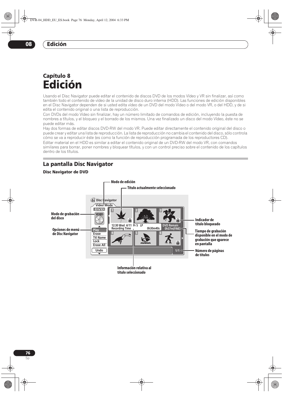 08 edición, La pantalla disc navigator, Edición | Edición 08, Capítulo 8 | Pioneer DVR-520H-S User Manual | Page 76 / 127