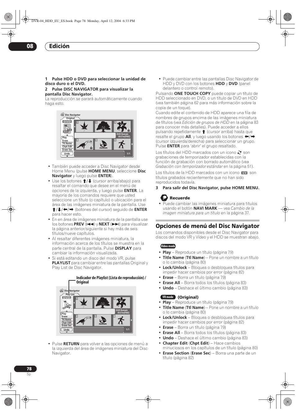 Opciones de menú del disc navigator, Edición 08 | Pioneer DVR-520H-S User Manual | Page 78 / 127