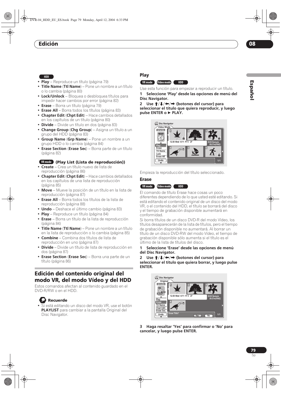 Edición 08, Español | Pioneer DVR-520H-S User Manual | Page 79 / 127