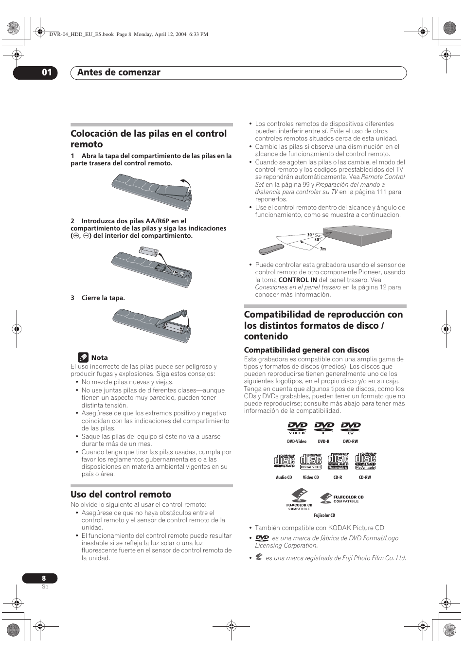 Colocación de las pilas en el control remoto, Uso del control remoto, Antes de comenzar 01 | Pioneer DVR-520H-S User Manual | Page 8 / 127