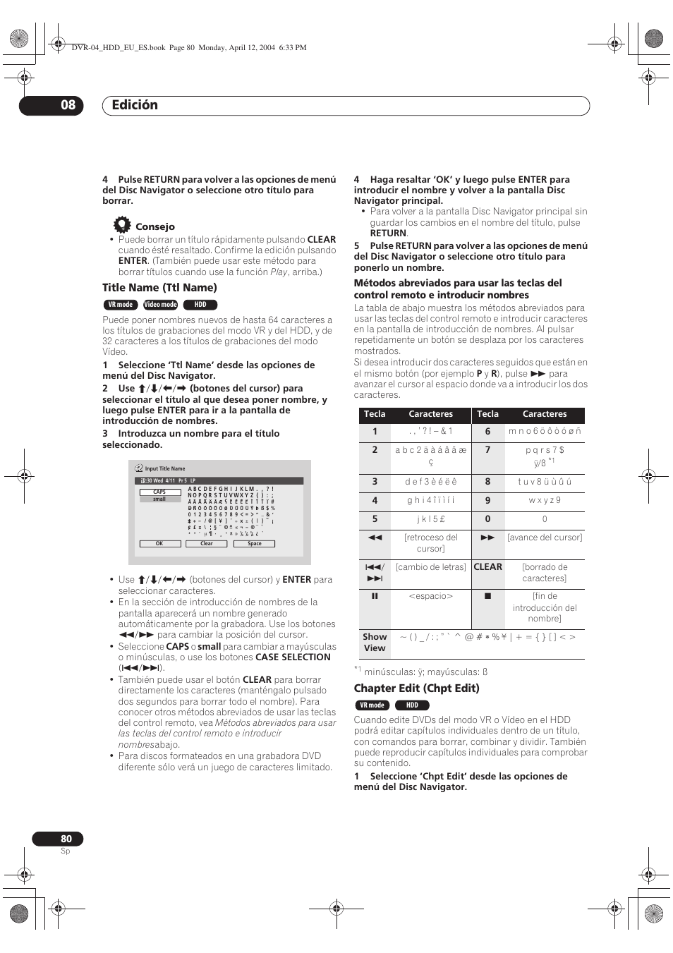 Edición 08, Title name (ttl name), Chapter edit (chpt edit) | Pioneer DVR-520H-S User Manual | Page 80 / 127
