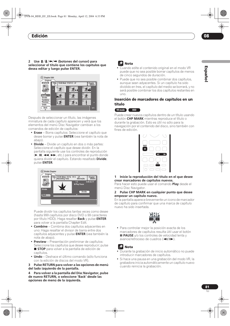 Edición 08, Español, Inserción de marcadores de capítulos en un título | Pioneer DVR-520H-S User Manual | Page 81 / 127