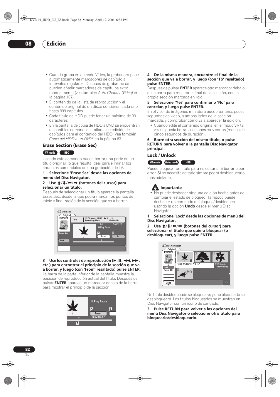 Edición 08, Lock / unlock | Pioneer DVR-520H-S User Manual | Page 82 / 127