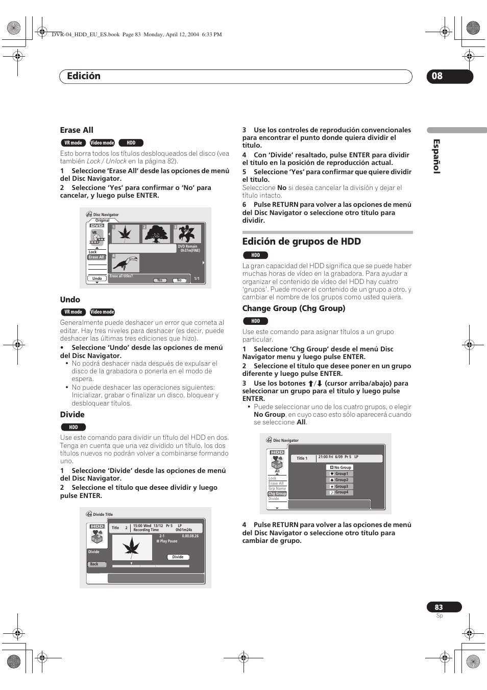 Edición de grupos de hdd, Edición 08, Español | Erase all, Undo, Divide, Change group (chg group) | Pioneer DVR-520H-S User Manual | Page 83 / 127