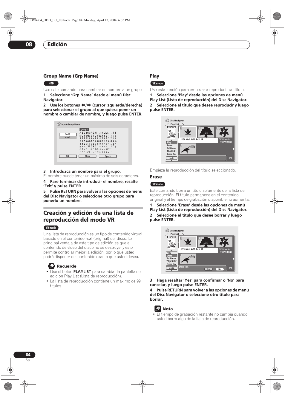 Edición 08, Group name (grp name), Play | Erase | Pioneer DVR-520H-S User Manual | Page 84 / 127