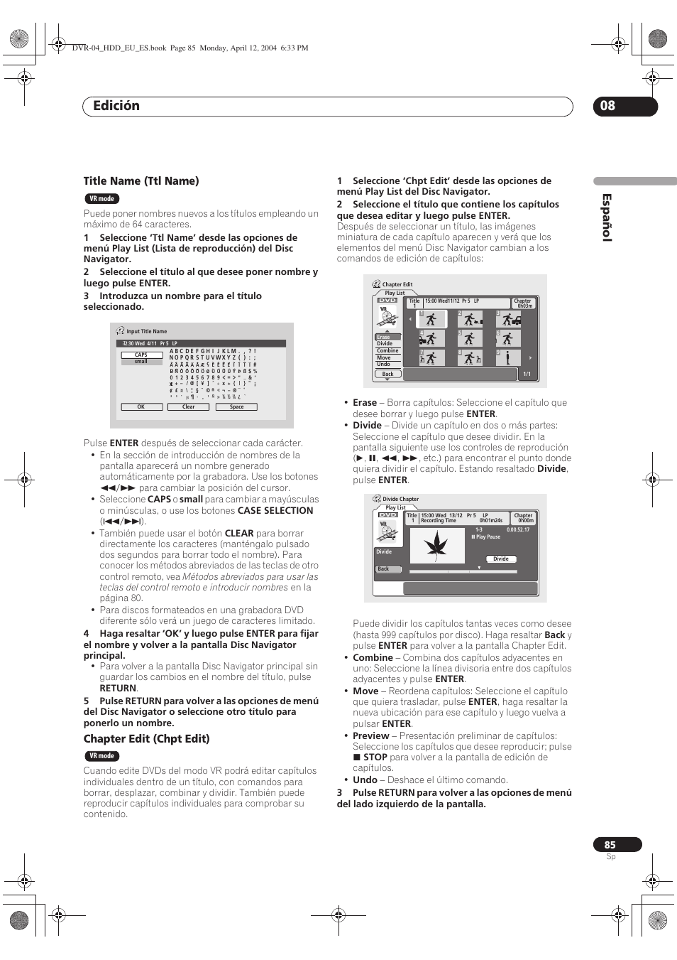 Edición 08, Español, Title name (ttl name) | Chapter edit (chpt edit) | Pioneer DVR-520H-S User Manual | Page 85 / 127