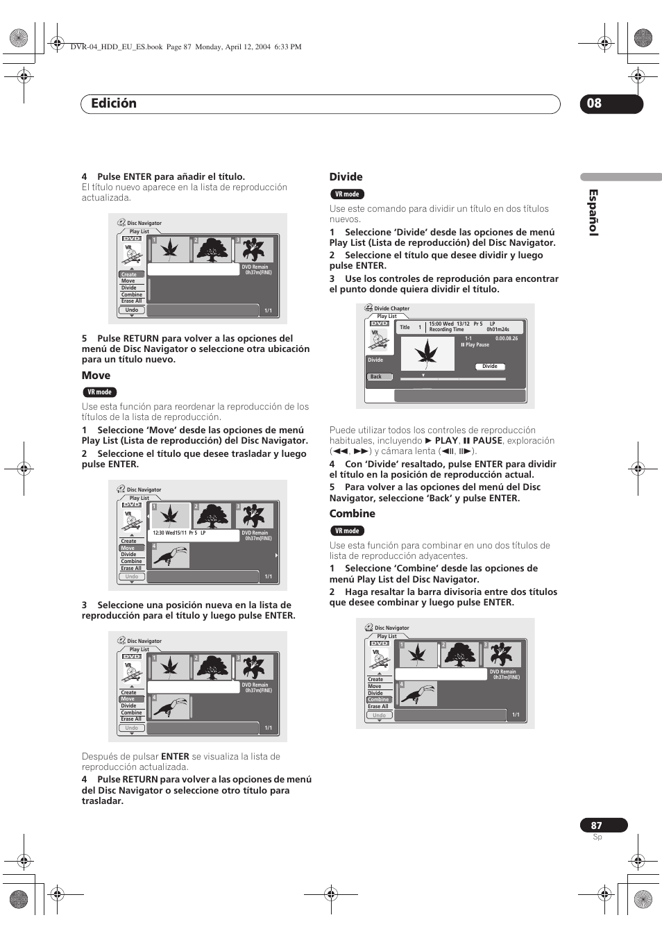 Edición 08, Español, Move | Divide, Combine | Pioneer DVR-520H-S User Manual | Page 87 / 127