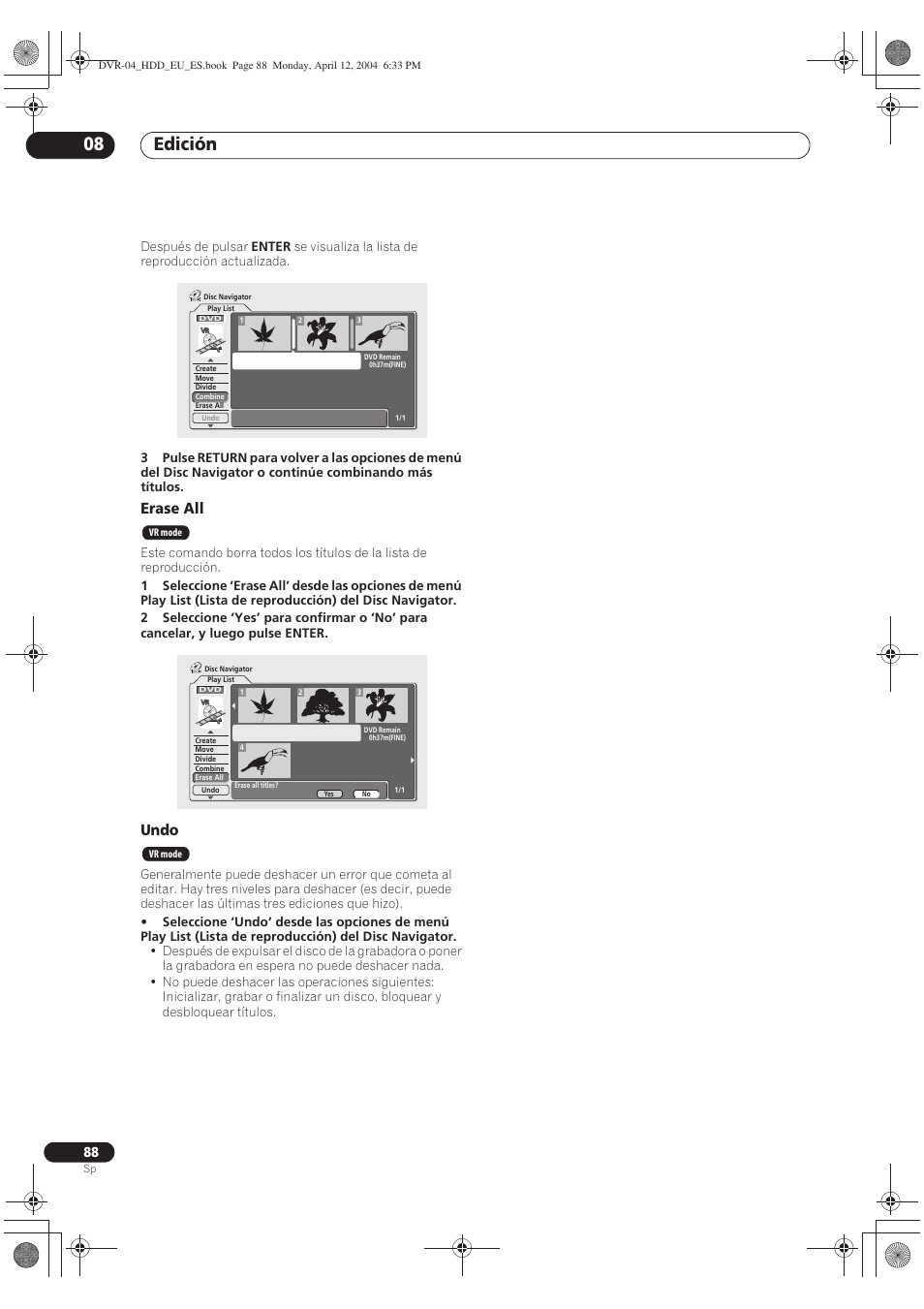 Edición 08, Erase all, Undo | Pioneer DVR-520H-S User Manual | Page 88 / 127