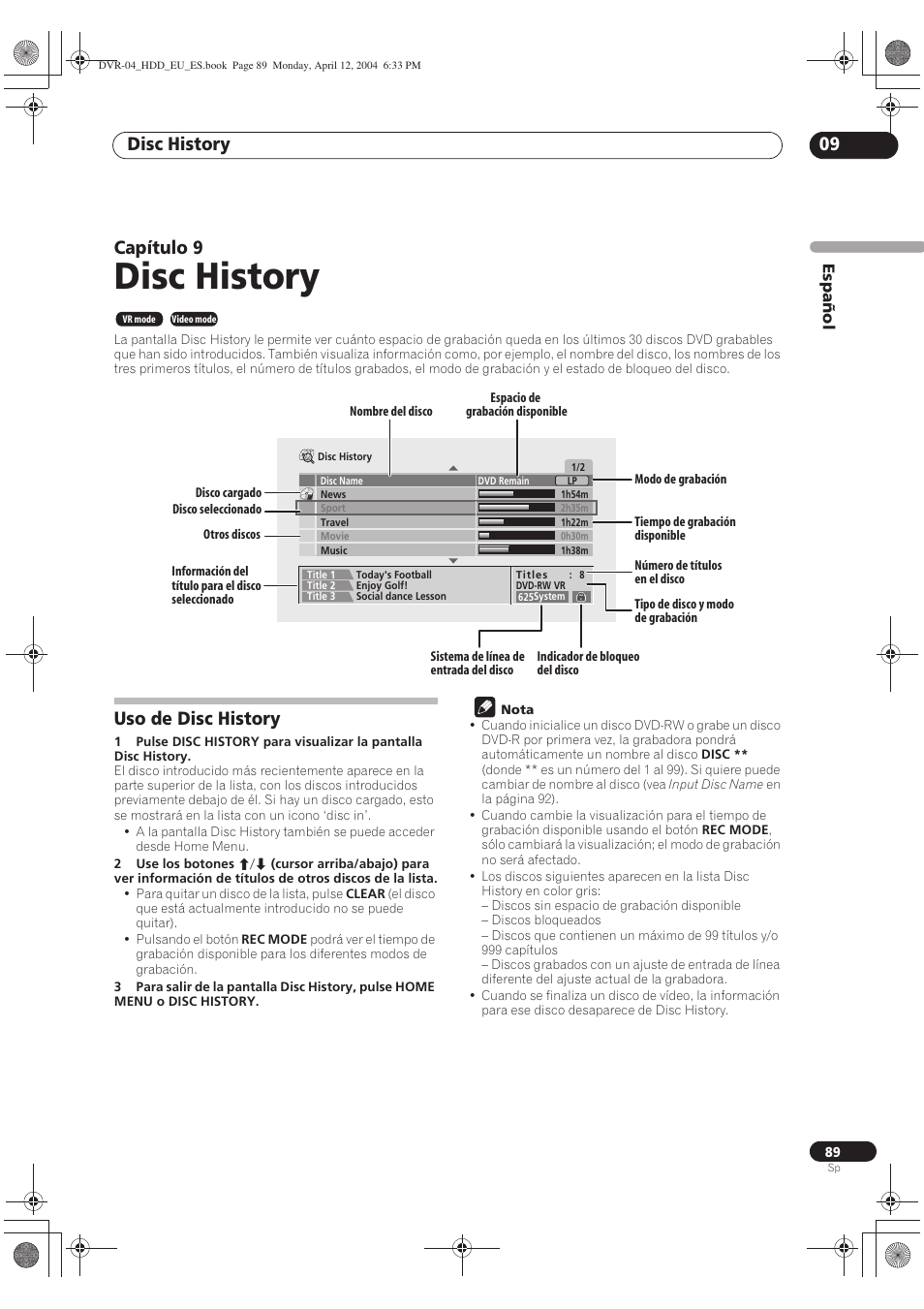 09 disc history, Uso de disc history, Disc history | Disc history 09, Capítulo 9 | Pioneer DVR-520H-S User Manual | Page 89 / 127