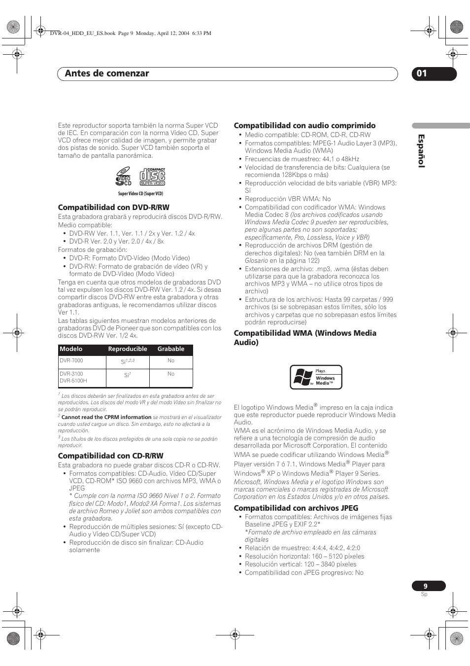 Antes de comenzar 01, Español | Pioneer DVR-520H-S User Manual | Page 9 / 127