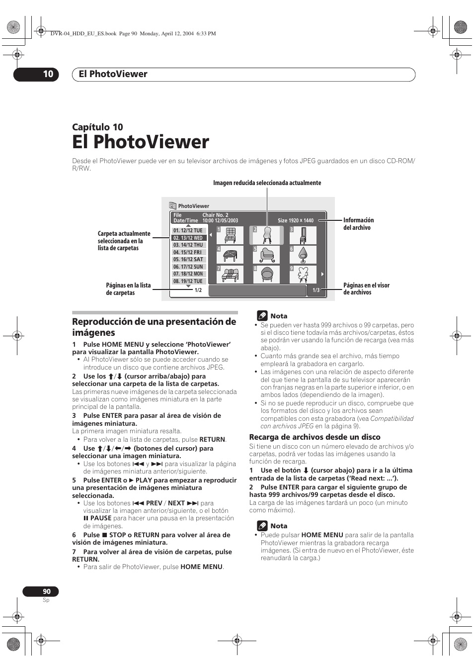 10 el photoviewer, Reproducción de una presentación de imágenes, El photoviewer | El photoviewer 10, Capítulo 10 | Pioneer DVR-520H-S User Manual | Page 90 / 127