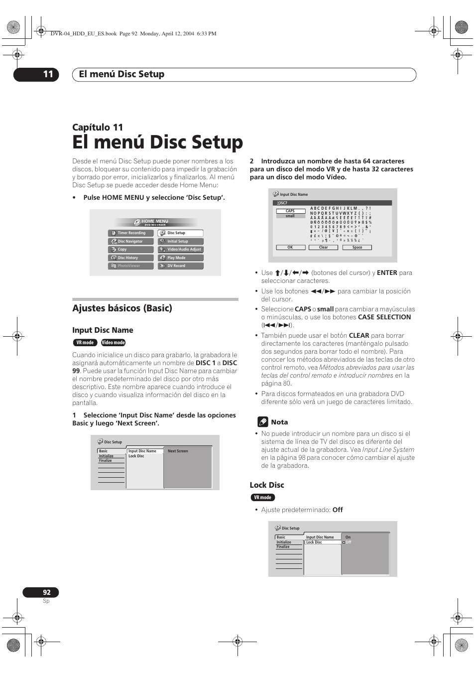 11 el menú disc setup, Ajustes básicos (basic), El menú disc setup | El menú disc setup 11, Capítulo 11, Input disc name, Lock disc | Pioneer DVR-520H-S User Manual | Page 92 / 127