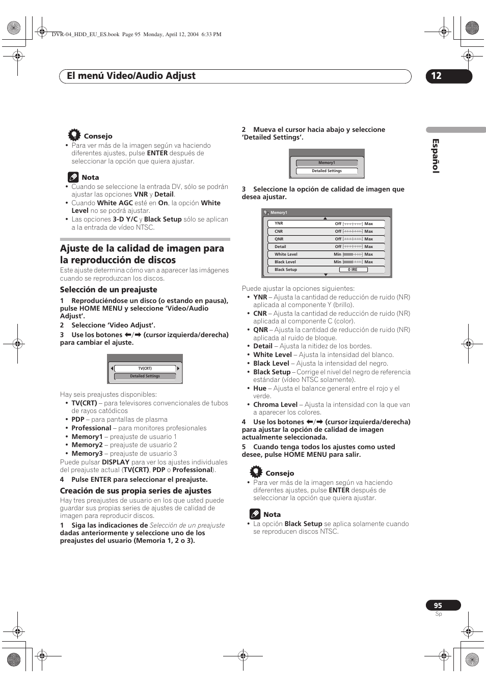 El menú video/audio adjust 12, Español | Pioneer DVR-520H-S User Manual | Page 95 / 127