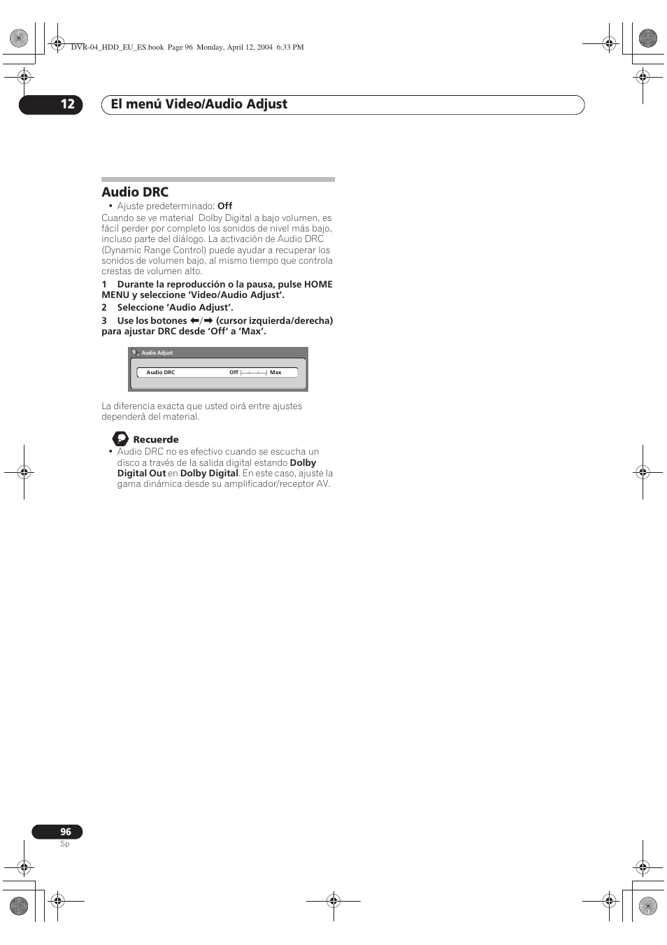 Audio drc, El menú video/audio adjust 12 | Pioneer DVR-520H-S User Manual | Page 96 / 127