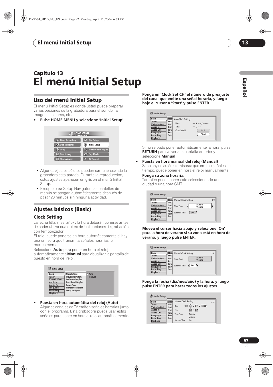 13 el menú initial setup, Uso del menú initial setup, Ajustes básicos (basic) | El menú initial setup, El menú initial setup 13, Capítulo 13, Español, Clock setting | Pioneer DVR-520H-S User Manual | Page 97 / 127