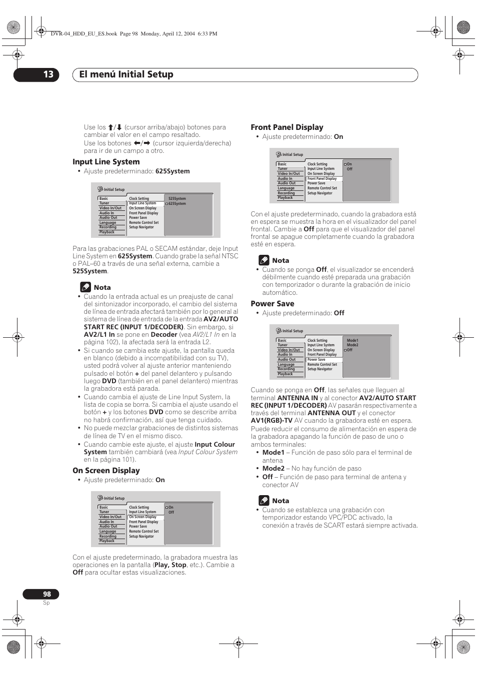 El menú initial setup 13 | Pioneer DVR-520H-S User Manual | Page 98 / 127