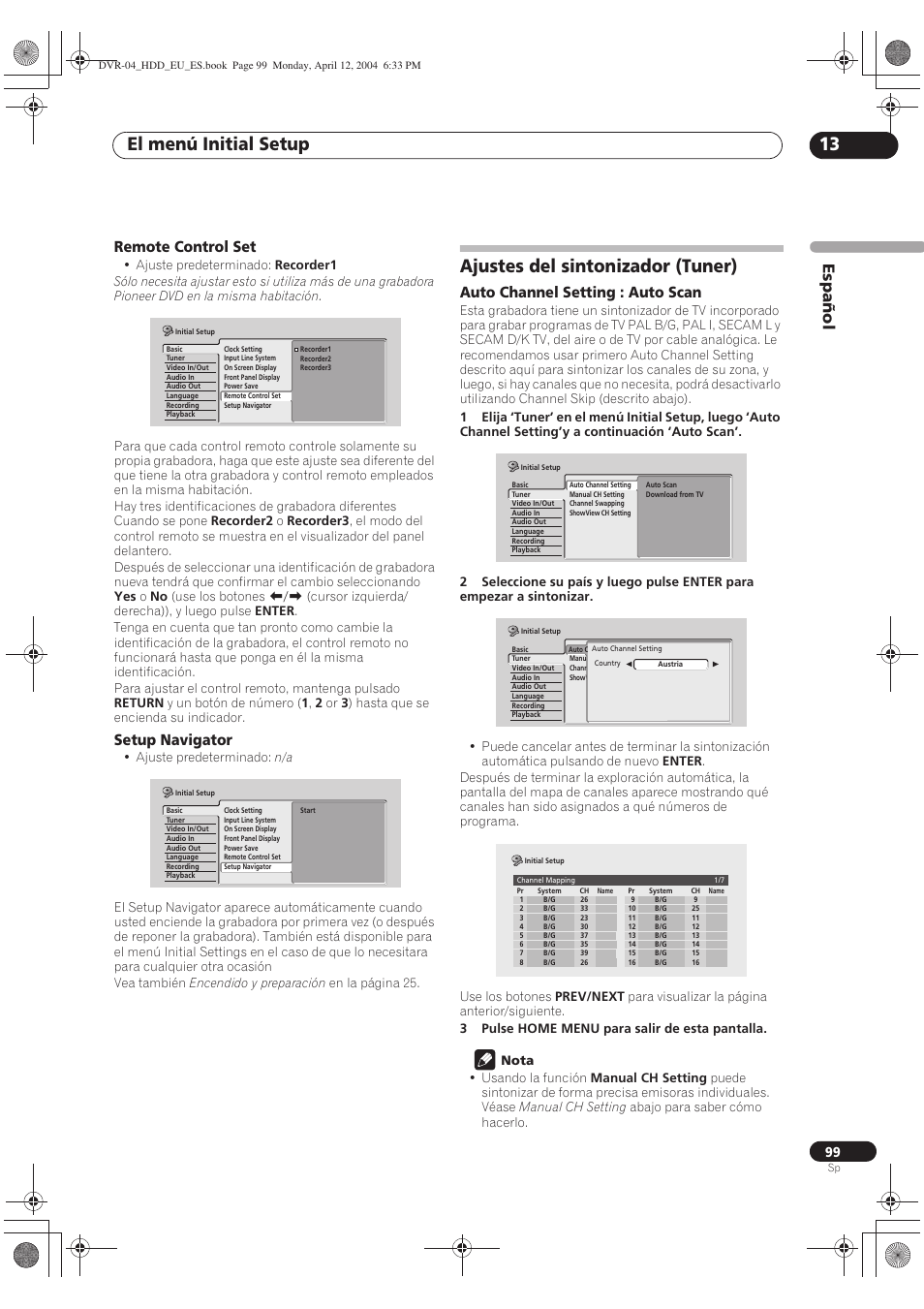 Ajustes del sintonizador (tuner), El menú initial setup 13, Español | Remote control set, Setup navigator, Auto channel setting : auto scan | Pioneer DVR-520H-S User Manual | Page 99 / 127