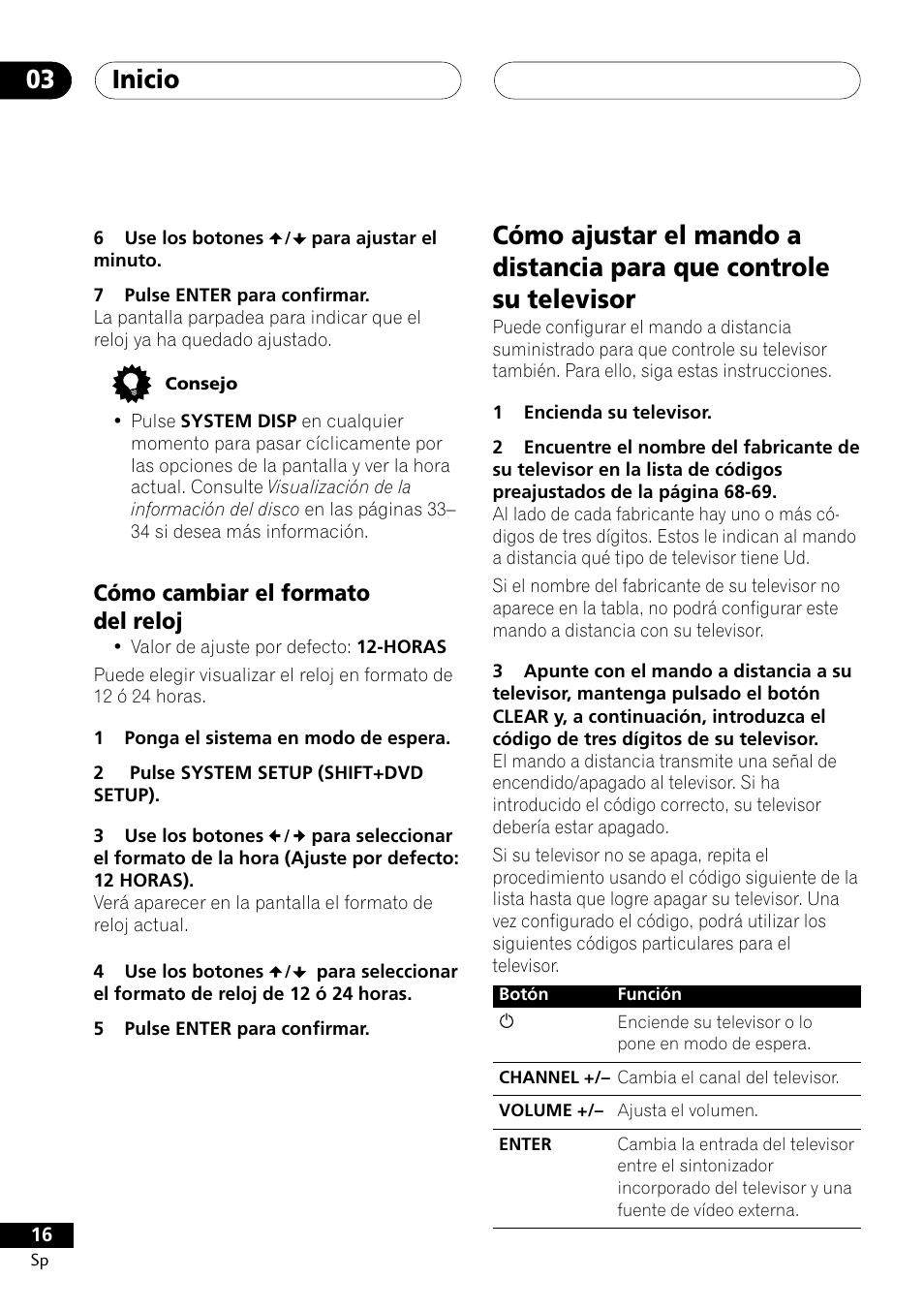 Cómo cambiar el formato del reloj, Inicio 03 | Pioneer DCS-303 User Manual | Page 16 / 76