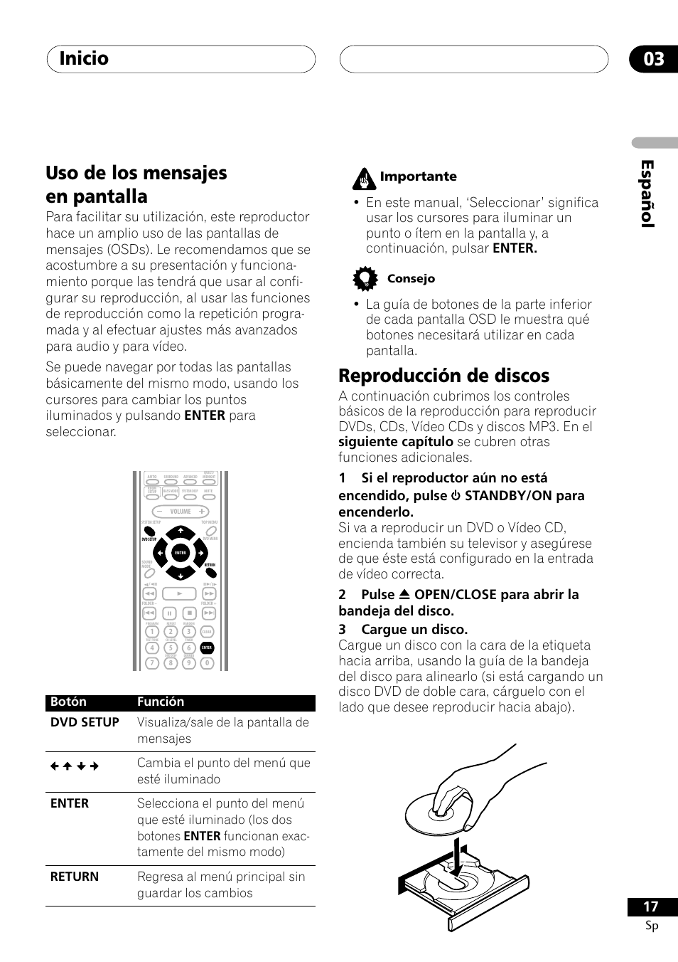 Inicio 03, Reproducción de discos, Uso de los mensajes en pantalla | Espa ñ ol, Importante, Consejo | Pioneer DCS-303 User Manual | Page 17 / 76