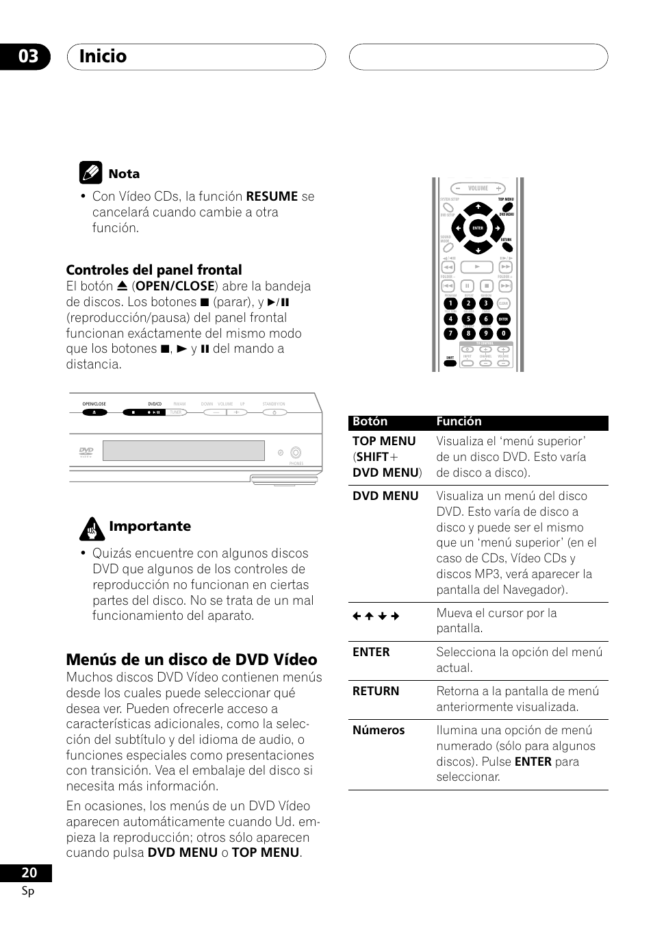 Controles del panel frontal, Menús de un disco de dvd vídeo, Inicio 03 | Importante, Sp nota | Pioneer DCS-303 User Manual | Page 20 / 76
