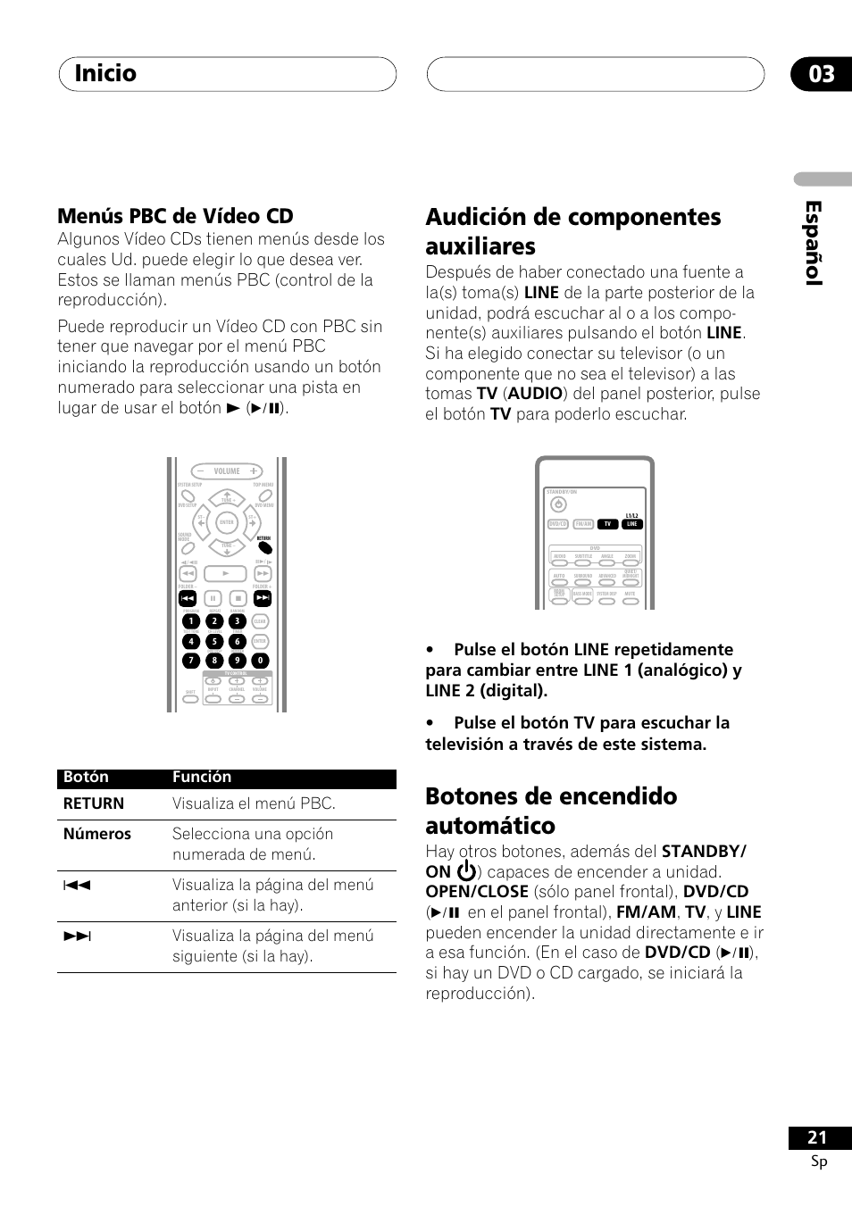 Menús pbc de vídeo cd, Inicio 03, Audición de componentes auxiliares | Botones de encendido automático, Espa ñ ol menús pbc de vídeo cd | Pioneer DCS-303 User Manual | Page 21 / 76