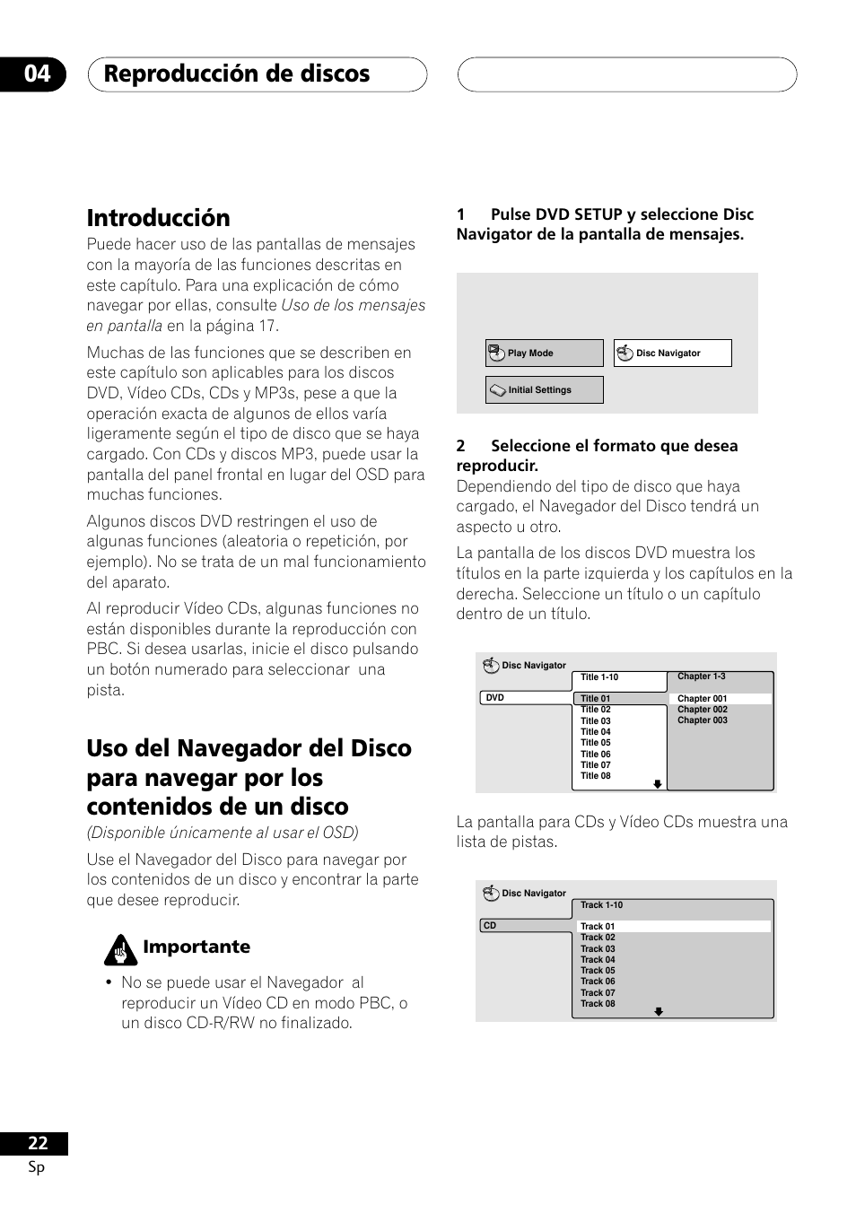 Reproducción de discos 04, Introducción, Importante | Pioneer DCS-303 User Manual | Page 22 / 76