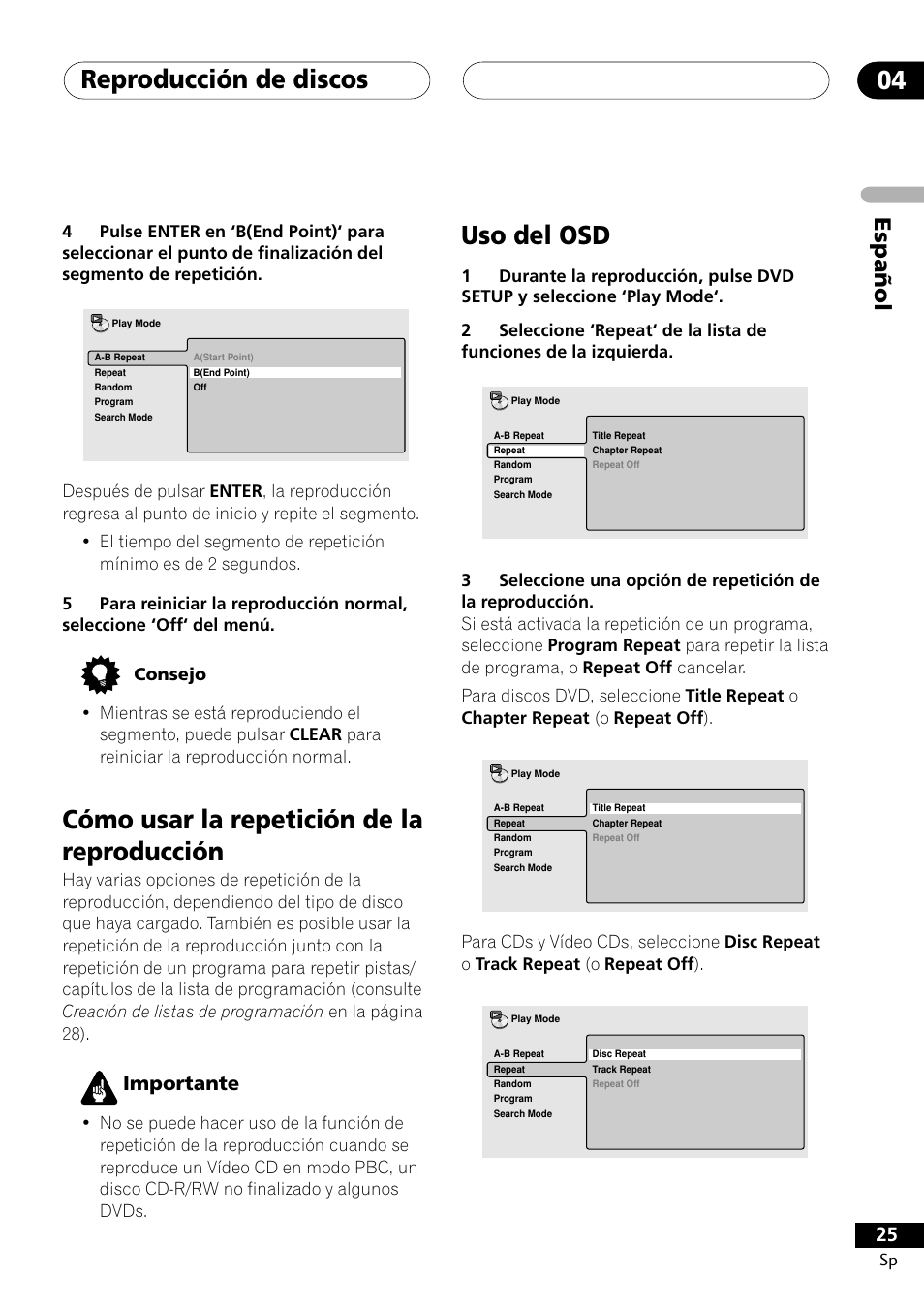 Cómo usar la repetición de la reproducción, Uso del osd, Reproducción de discos 04 | Espa ñ ol, Importante | Pioneer DCS-303 User Manual | Page 25 / 76