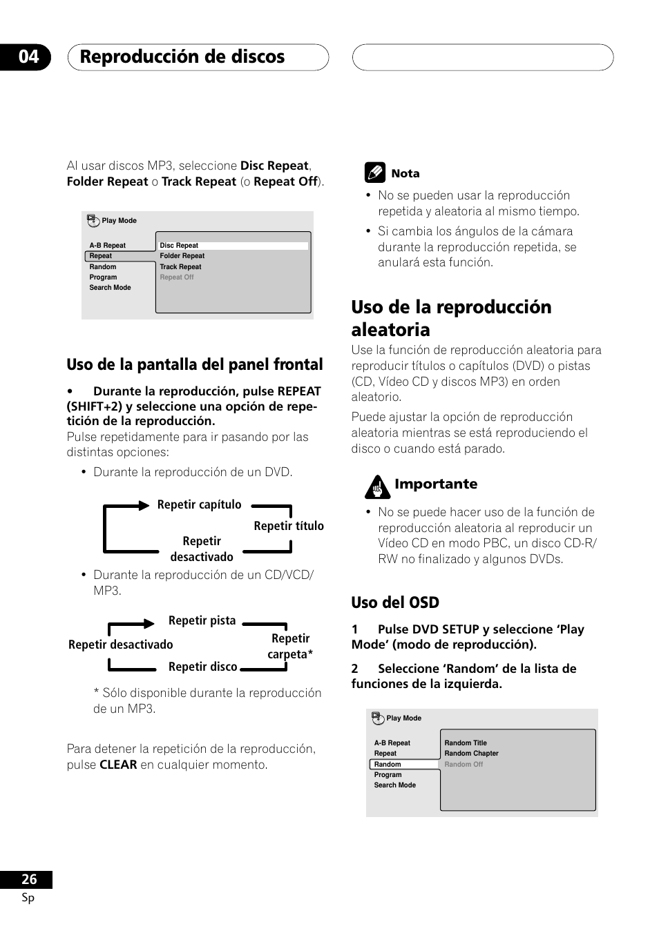Uso de la pantalla del panel frontal, Uso de la reproducción aleatoria, Uso del osd | Reproducción de discos 04, Importante | Pioneer DCS-303 User Manual | Page 26 / 76